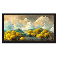 Brown Trees With Golden Flowers and Turquoise Black and Gray Mountains Floating Frame Canvas Painting