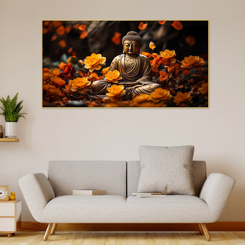 Meditating Buddha With Yellow Flower Peace and Harmony Vastu Canvas Painting With Floating Frame