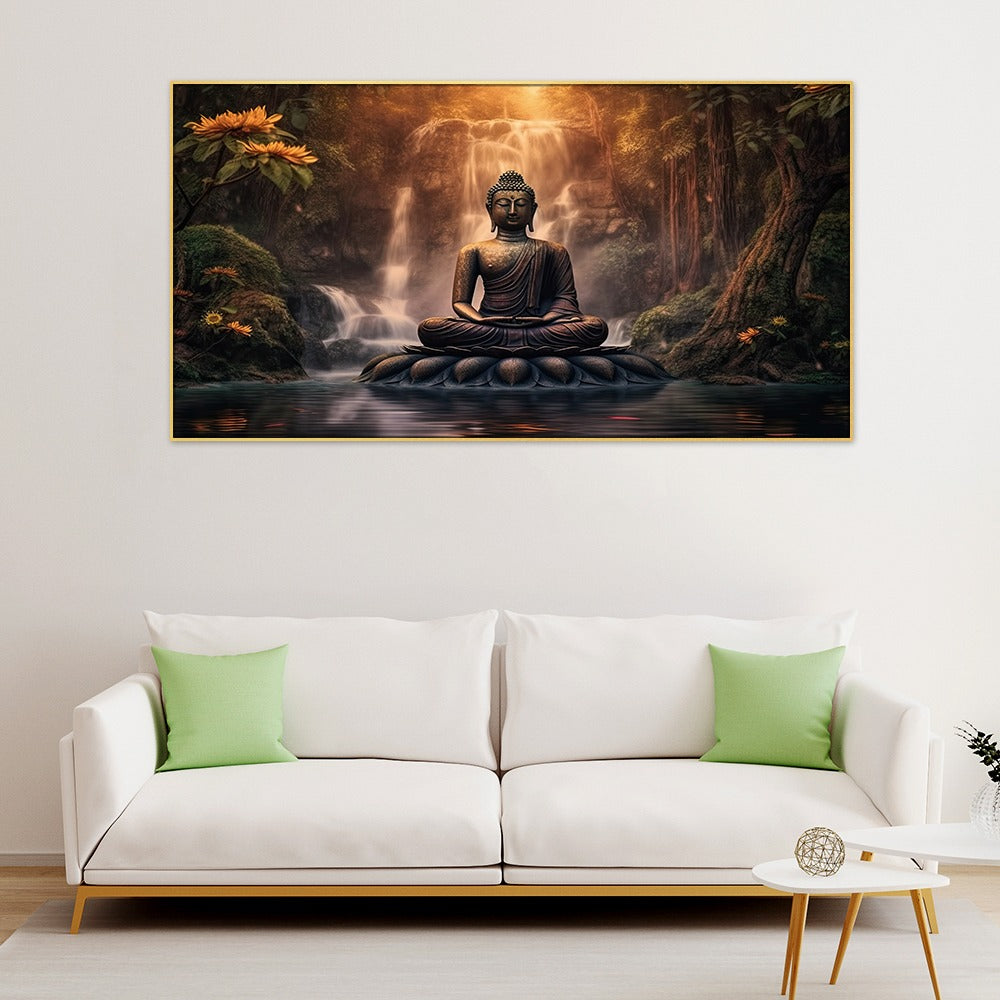 Sitting Meditating Buddha Large Floating Frame Canvas Vastu Painting for Home Decoration