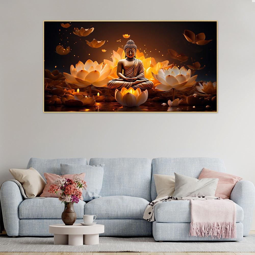 Meditating Buddha With Golden Lotus Peace and Harmony Vastu Floating Frame Canvas Painting