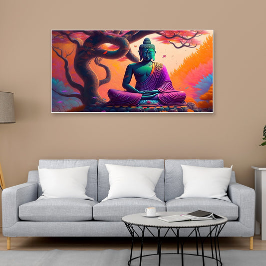 Meditating Buddha in Front of Tree of Life Canvas Painting with Floating Frame for Wall Décor