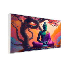 Meditating Buddha in Front of Tree of Life Canvas Painting with Floating Frame for Wall Décor