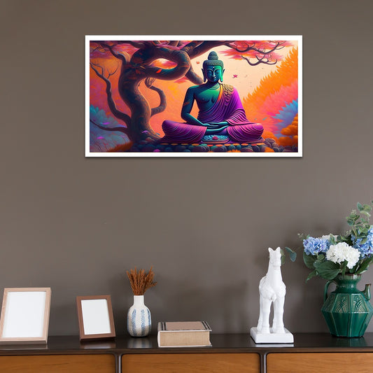 Meditating Buddha in Front of Tree of Life Canvas Painting with Floating Frame for Wall Décor