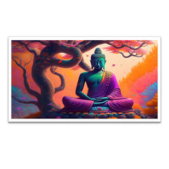 Meditating Buddha in Front of Tree of Life Canvas Painting with Floating Frame for Wall Décor