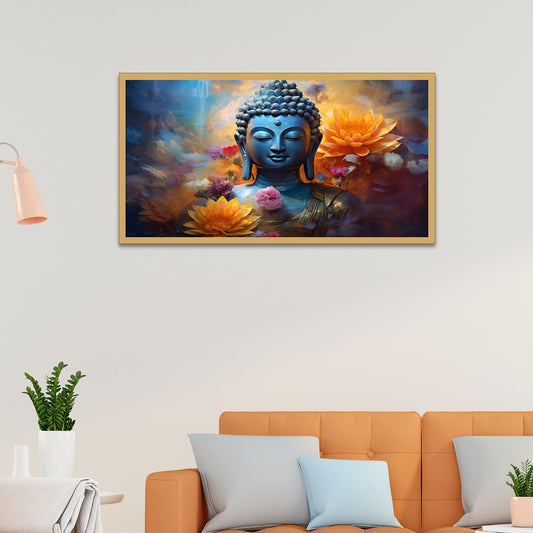 Serenity in Sapphire Abstract Buddha Canvas Wall Painting With Floating Frame