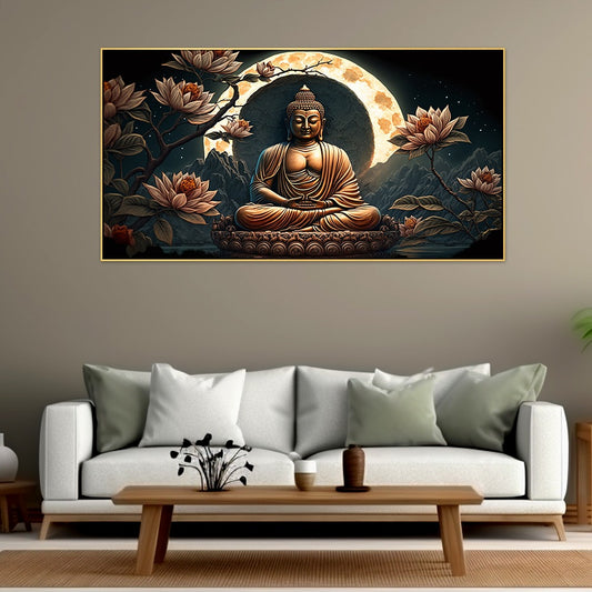 Meditating Buddha with Pink Lotus Flower Floating Frame Canvas Wall Painting