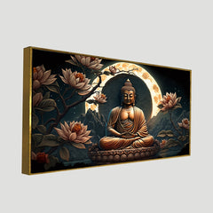 Meditating Buddha with Pink Lotus Flower Floating Frame Canvas Wall Painting