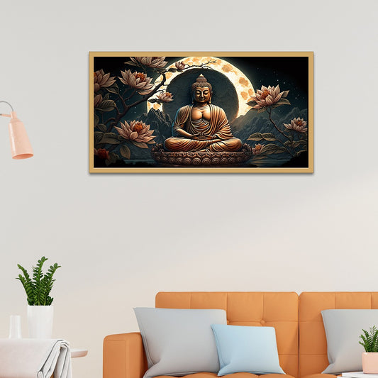 Meditating Buddha with Pink Lotus Flower Floating Frame Canvas Wall Painting
