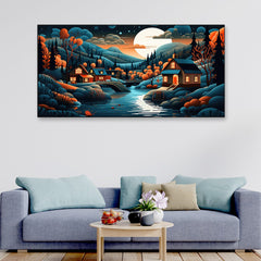 Abstract Illustration of a Painting of A Village in Forest with a River Canvas Wall Painting