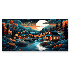 Abstract Illustration of a Painting of A Village in Forest with a River Canvas Wall Painting