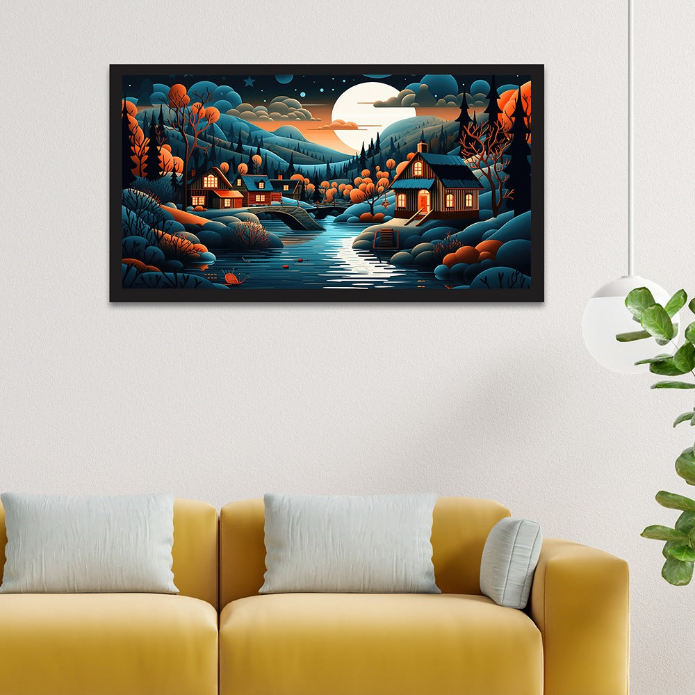 Abstract Illustration of a Painting of A Village in Forest with a River Canvas Wall Painting