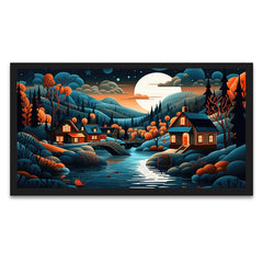 Abstract Illustration of a Painting of A Village in Forest with a River Canvas Wall Painting