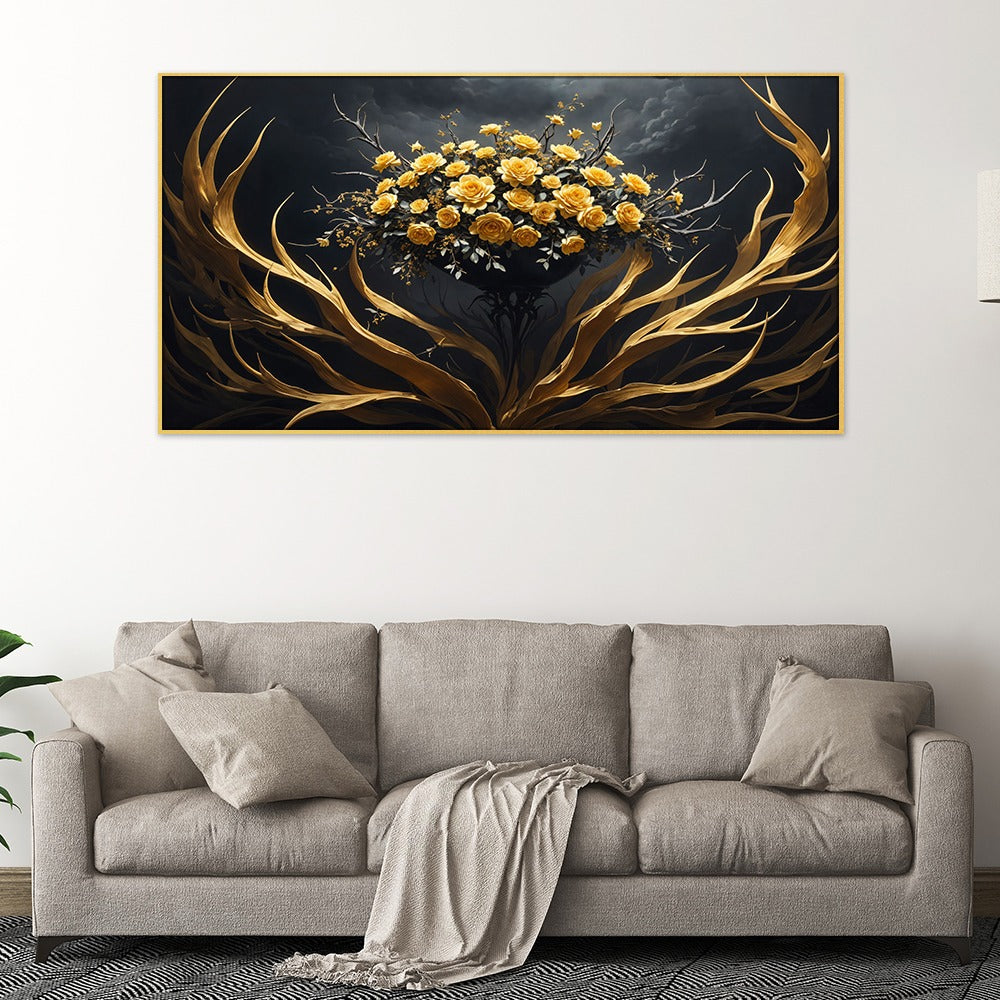 3D Yellow and Gold Flower Floating Frame Canvas Wall Painting