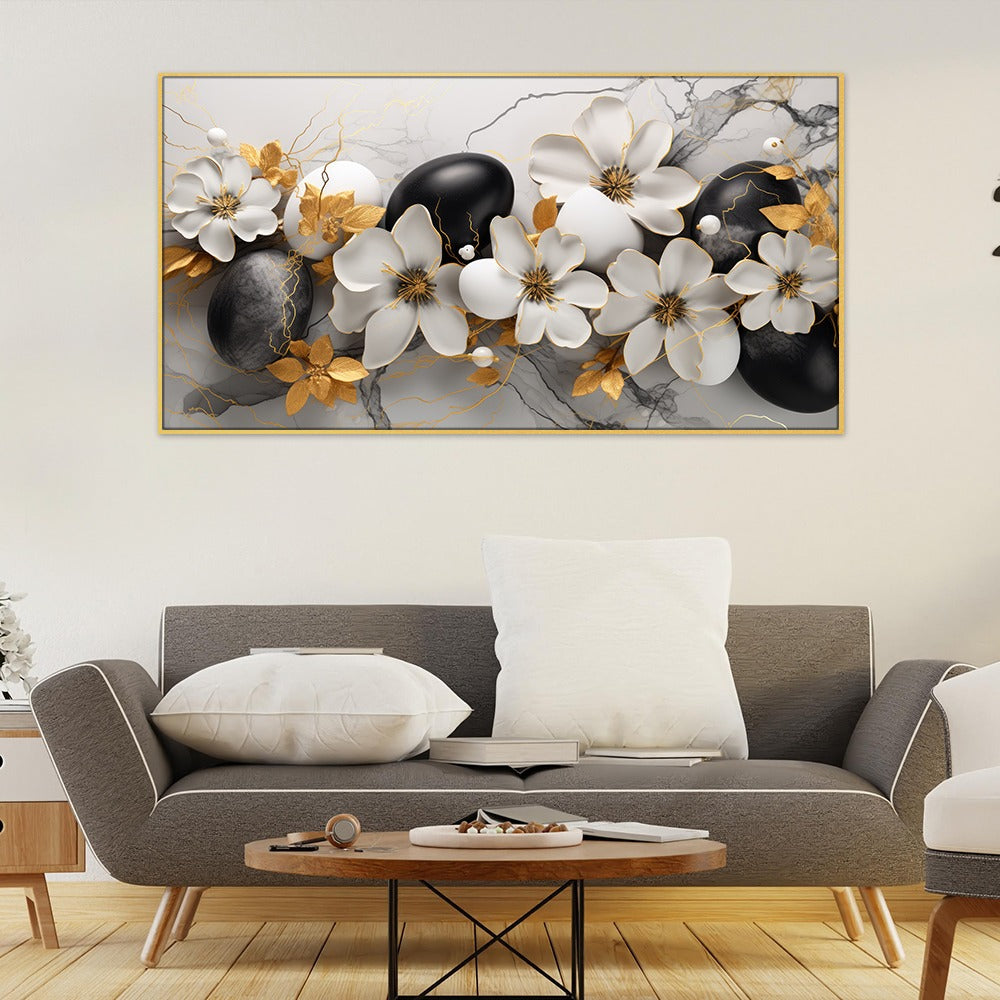 Black and White Floral with Golden Leaf Floating Frame Canvas Wall Painting