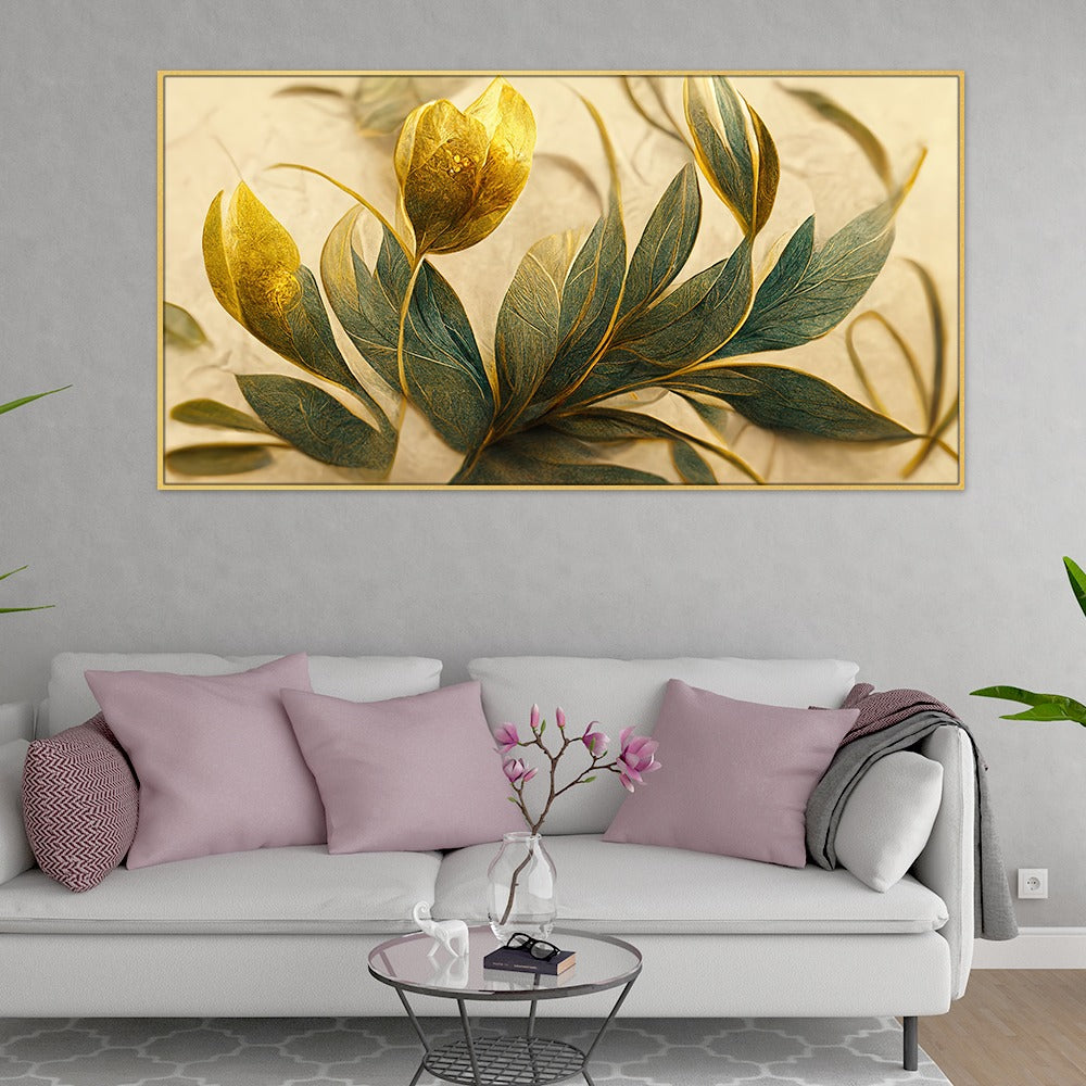 Elegant Golden and Green Flowers and Leaf Canvas Wall Painting