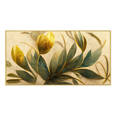 Elegant Golden and Green Flowers and Leaf Canvas Wall Painting