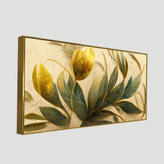 Elegant Golden and Green Flowers and Leaf Canvas Wall Painting