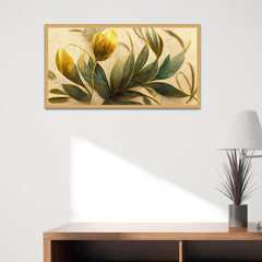 Elegant Golden and Green Flowers and Leaf Canvas Wall Painting