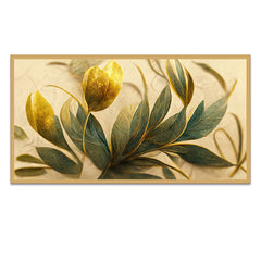 Elegant Golden and Green Flowers and Leaf Canvas Wall Painting