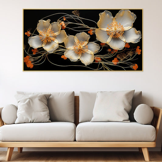 Elegant White Golden Flower Canvas Wall Painting