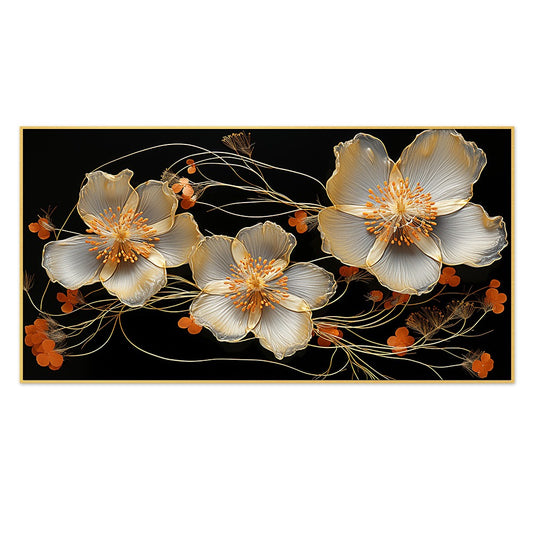 Elegant White Golden Flower Canvas Wall Painting
