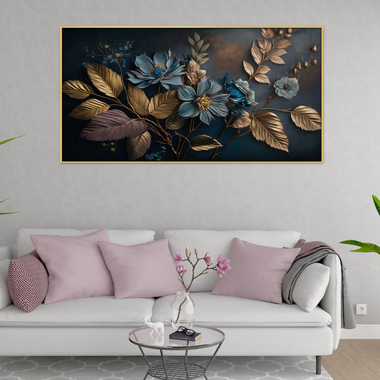Elegant Blue Flower and Golden Leaf Canvas Wall Painting