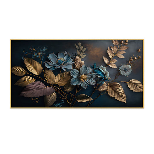 Elegant Blue Flower and Golden Leaf Canvas Wall Painting