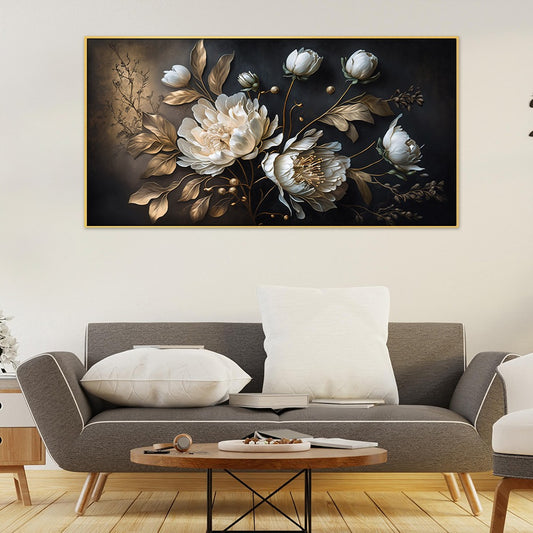 Elegant White Flower and Golden Leaf Canvas Wall Painting