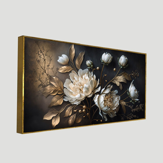 Elegant White Flower and Golden Leaf Canvas Wall Painting