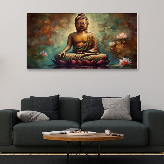 Meditating Buddha with Lotus Flower Religious Canvas Wall Painting