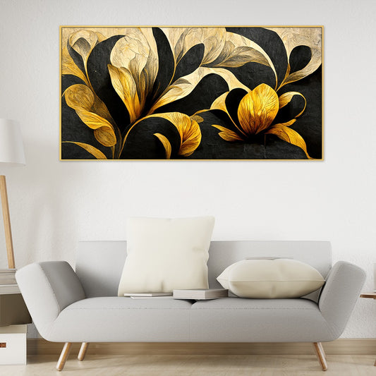 Gold and Black Abstract Design 3D Floral Illustration Canvas Wall Painting