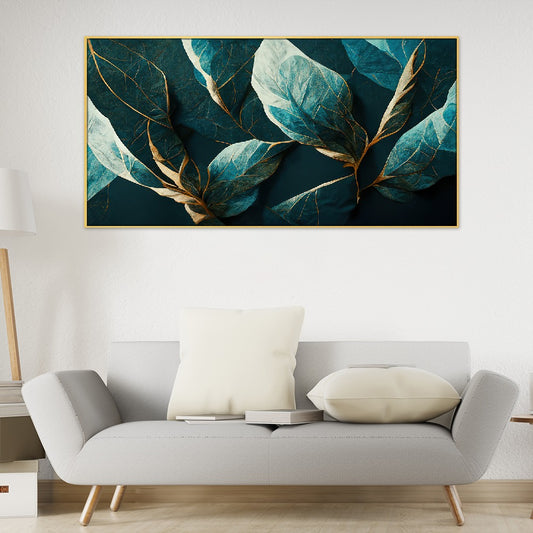 Elegance in Teal Gilded Leaf Abstract Floral Canvas Wall Painting