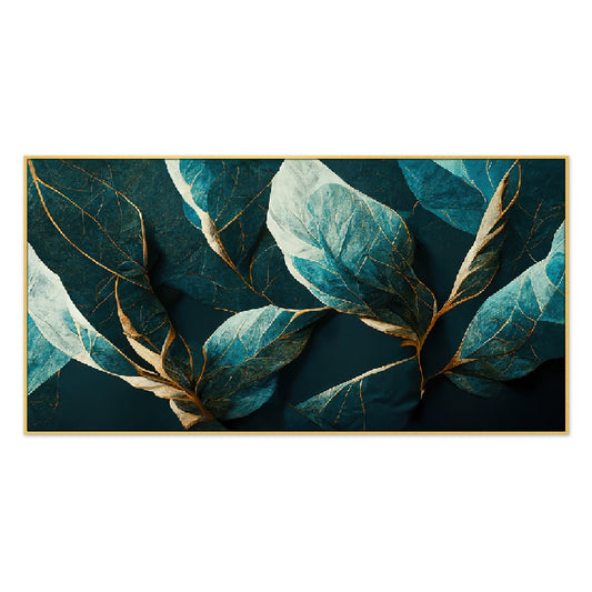 Elegance in Teal Gilded Leaf Abstract Floral Canvas Wall Painting