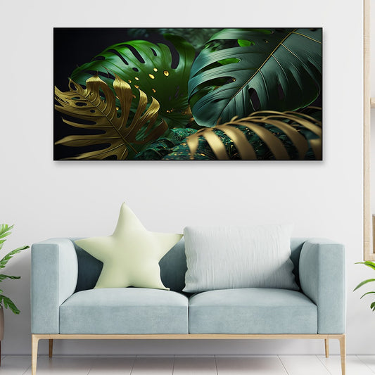 Abstract Tropical Palm Leaf Gold and Green Canvas Wall Painting