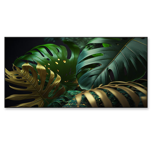 Abstract Tropical Palm Leaf Gold and Green Canvas Wall Painting