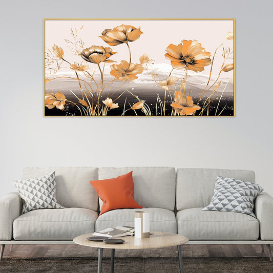 Abstract Floral Art Golden Canvas Wall Painting With Frame