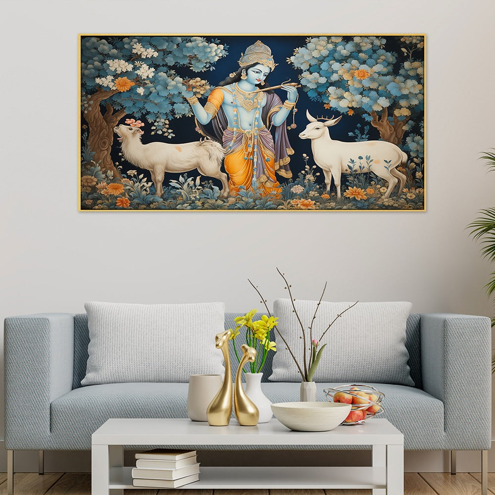 Lord Krishna in Forest with Deer Floating Frame Canvas Wall Painting