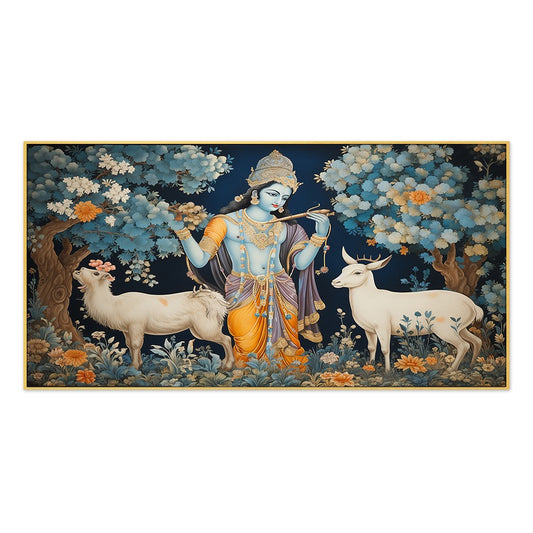 Lord Krishna in Forest with Deer Floating Frame Canvas Wall Painting