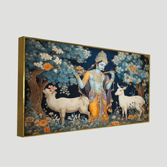 Lord Krishna in Forest with Deer Floating Frame Canvas Wall Painting