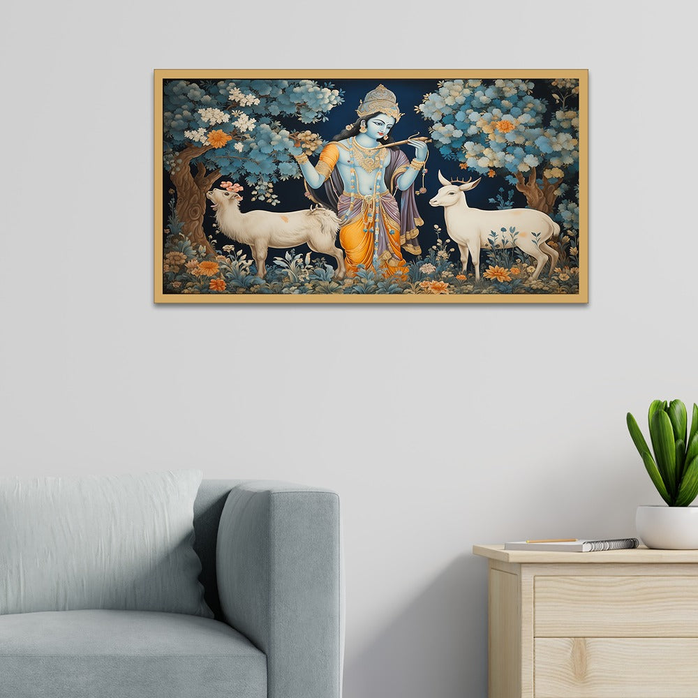 Lord Krishna in Forest with Deer Floating Frame Canvas Wall Painting