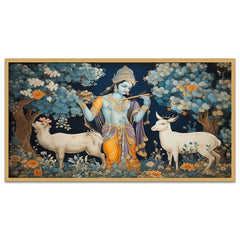 Lord Krishna in Forest with Deer Floating Frame Canvas Wall Painting