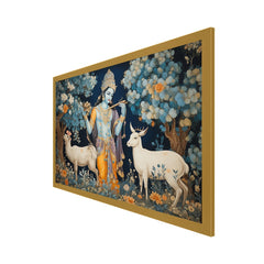 Lord Krishna in Forest with Deer Floating Frame Canvas Wall Painting