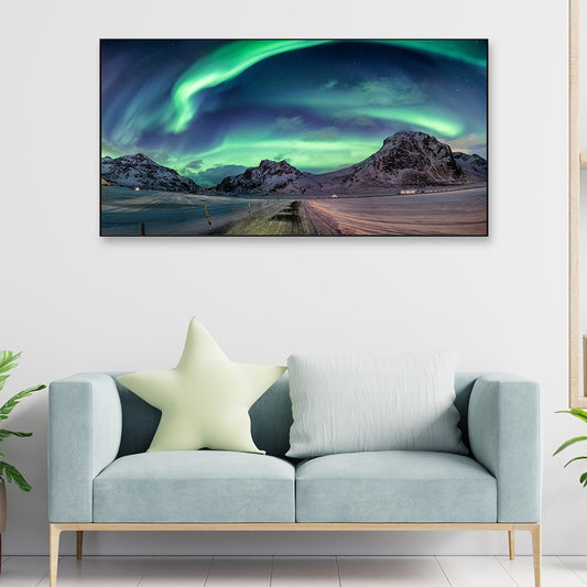 Beautiful Northern Lights Explosion on Snowy Mountain Range Canvas Wall Painting