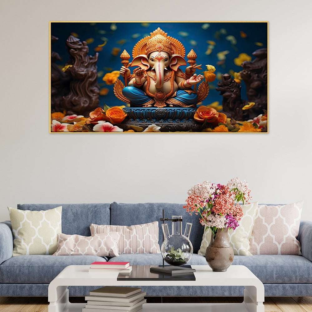 Vibrant Lord Ganesha Religious Canvas Wall Painting with Frame