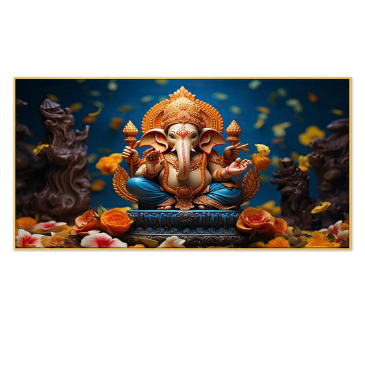 Vibrant Lord Ganesha Religious Canvas Wall Painting with Frame