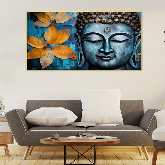 Lord Buddha with Flowers with Blue Background Canvas Wall Painting