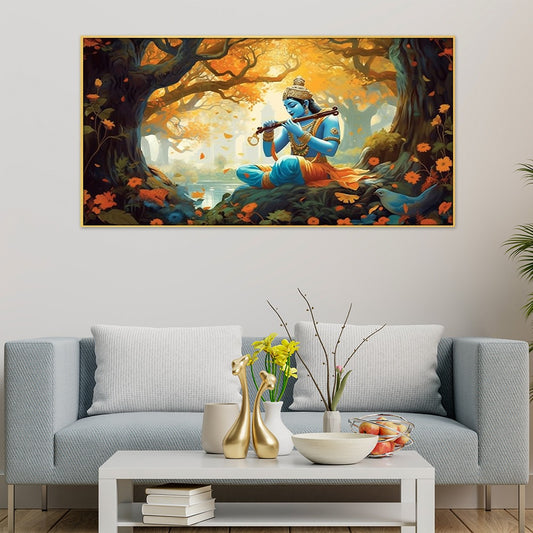 Illustration of God Krishna Sitting in Forest Religious Canvas Wall Painting