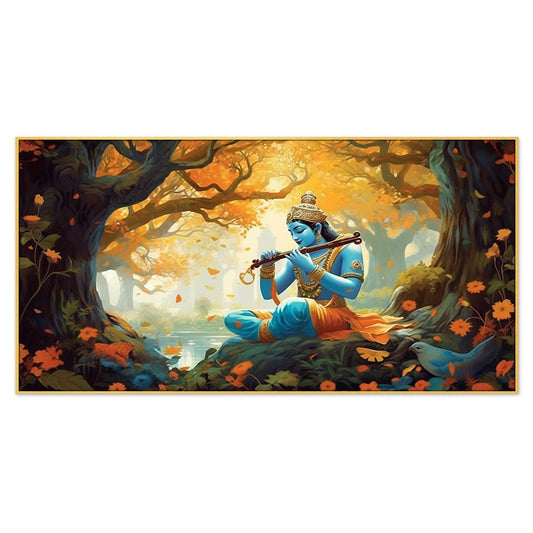 Illustration of God Krishna Sitting in Forest Religious Canvas Wall Painting