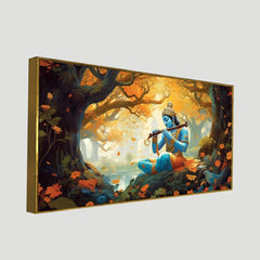 Illustration of God Krishna Sitting in Forest Religious Canvas Wall Painting