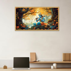 Illustration of God Krishna Sitting in Forest Religious Canvas Wall Painting